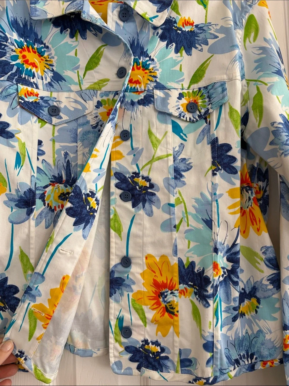 Patrick Christopher Colorful Blue Floral Cotton Stretch Jacket Womens Large - Picture 3 of 5